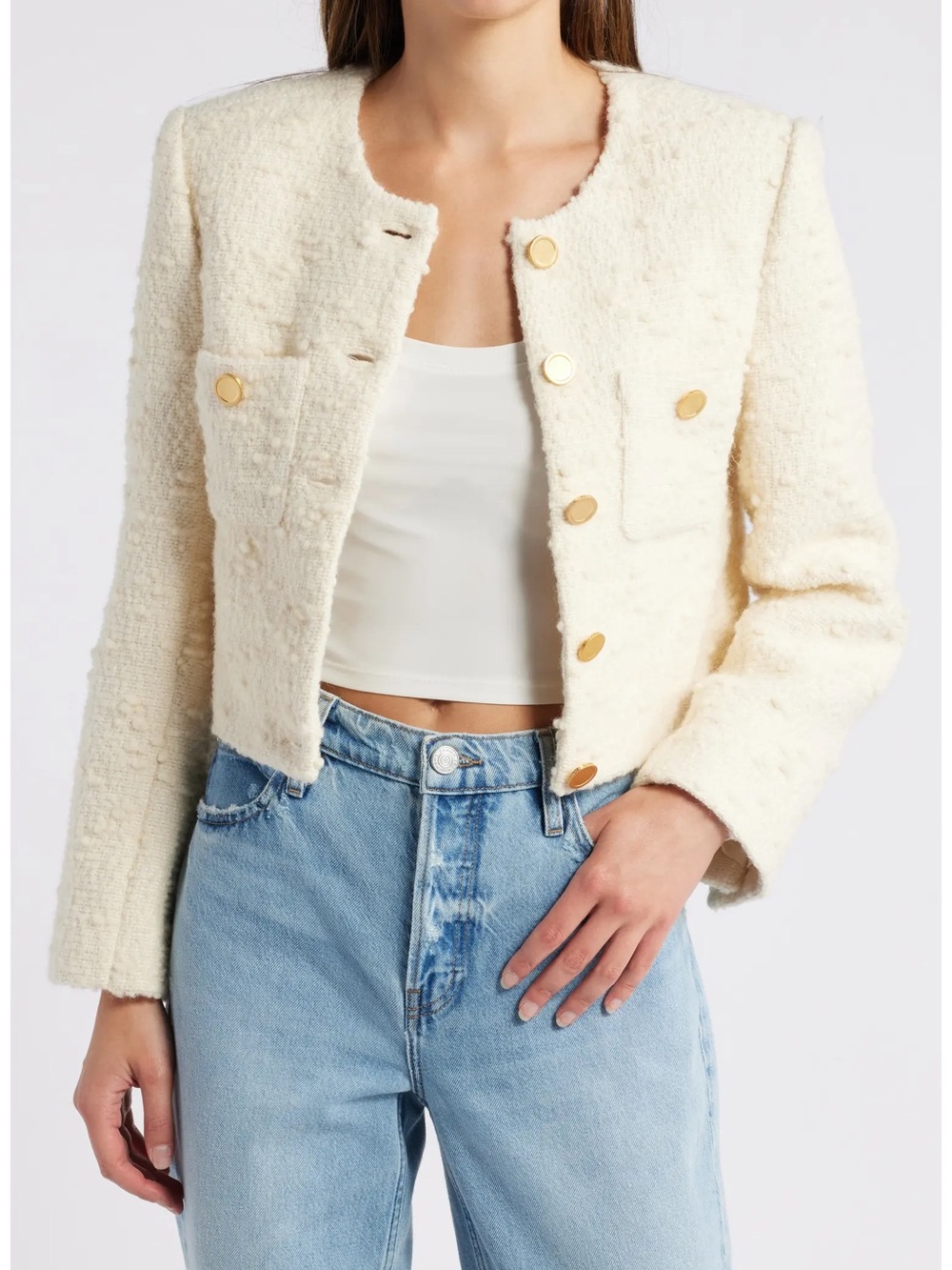 FRAME Button Front Crop Tweed Jacket | Small | Ecru | NWT